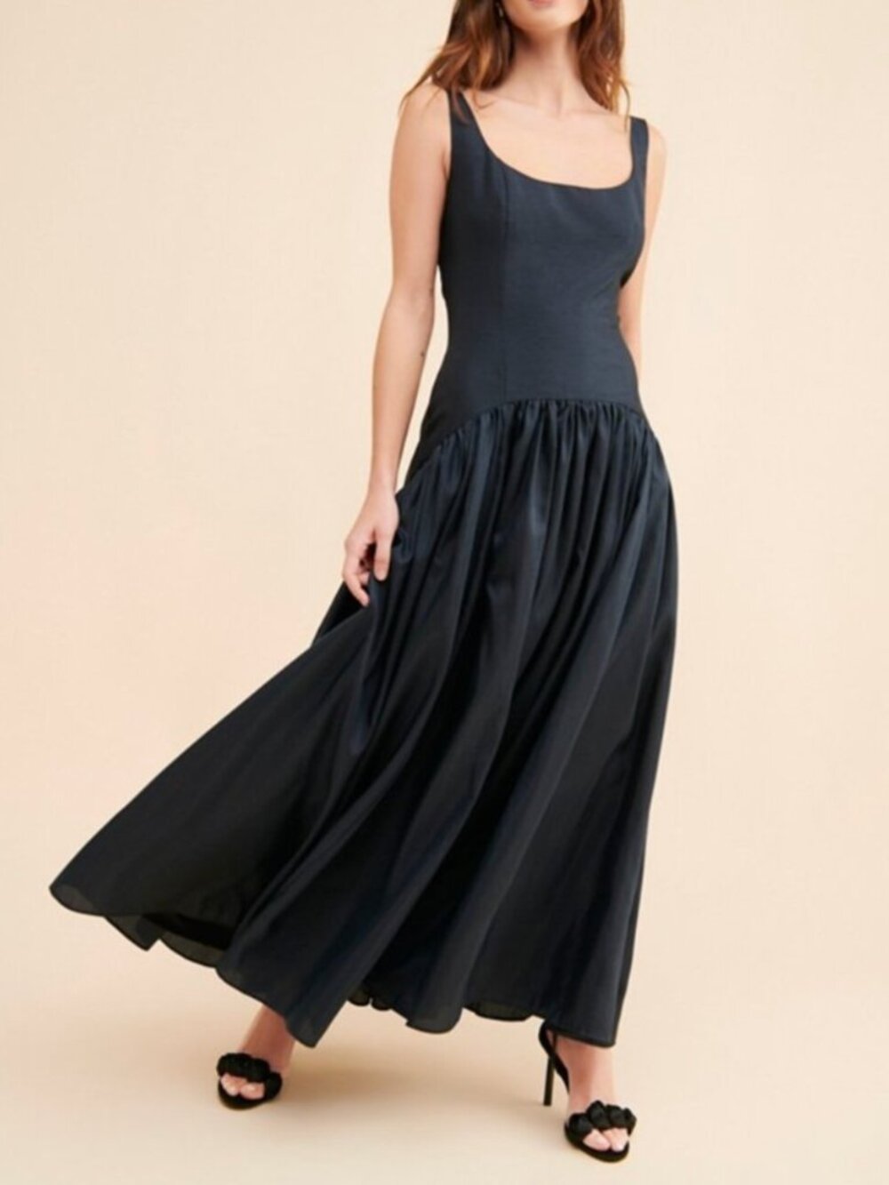 Hutch Ridge Black Women's Sleeveless Drop Waist Scoop Neck Taffeta Maxi Dress 6P